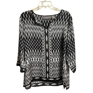 Chicos Travelers Collection Black White Geometric Ikat Tunic Top Size 2 L Boho